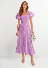 PRETTYGARDEN Women's Summer Casual Midi Dress Puffy Short Sleeve Square Neck Smocked Tiered Ruffle Dresses PRETTYGARDEN