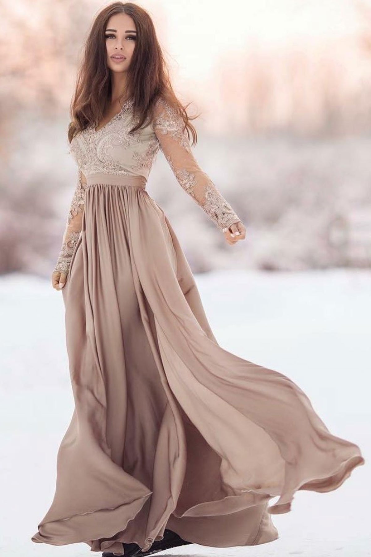 Long Sleeves Champagne Lace Prom Dresses, Long Sleeves Champagne Lace Formal Evening Dresses