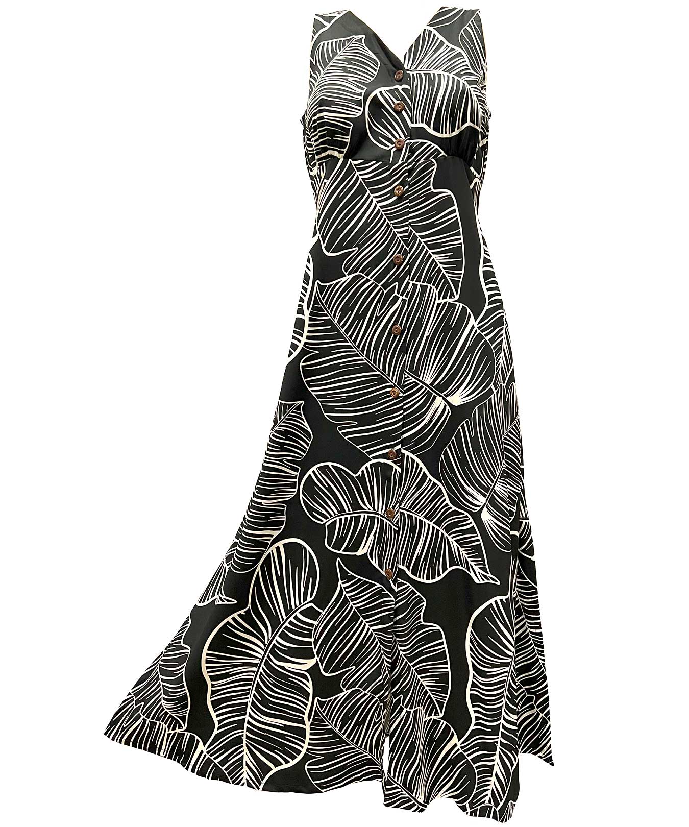 Long Maxi Cocktail Hawaiian Dress Taro Leaf Black