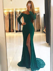 Long Sleeves Mermaid Green Lace Prom Dresses With Slit, Green Formal Dresses