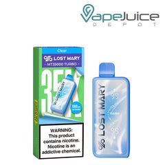 A Box of Lost Mary MT35000 Turbo Clear Disposable with a warning sign and a device next to it - Vape Jucie Depot
