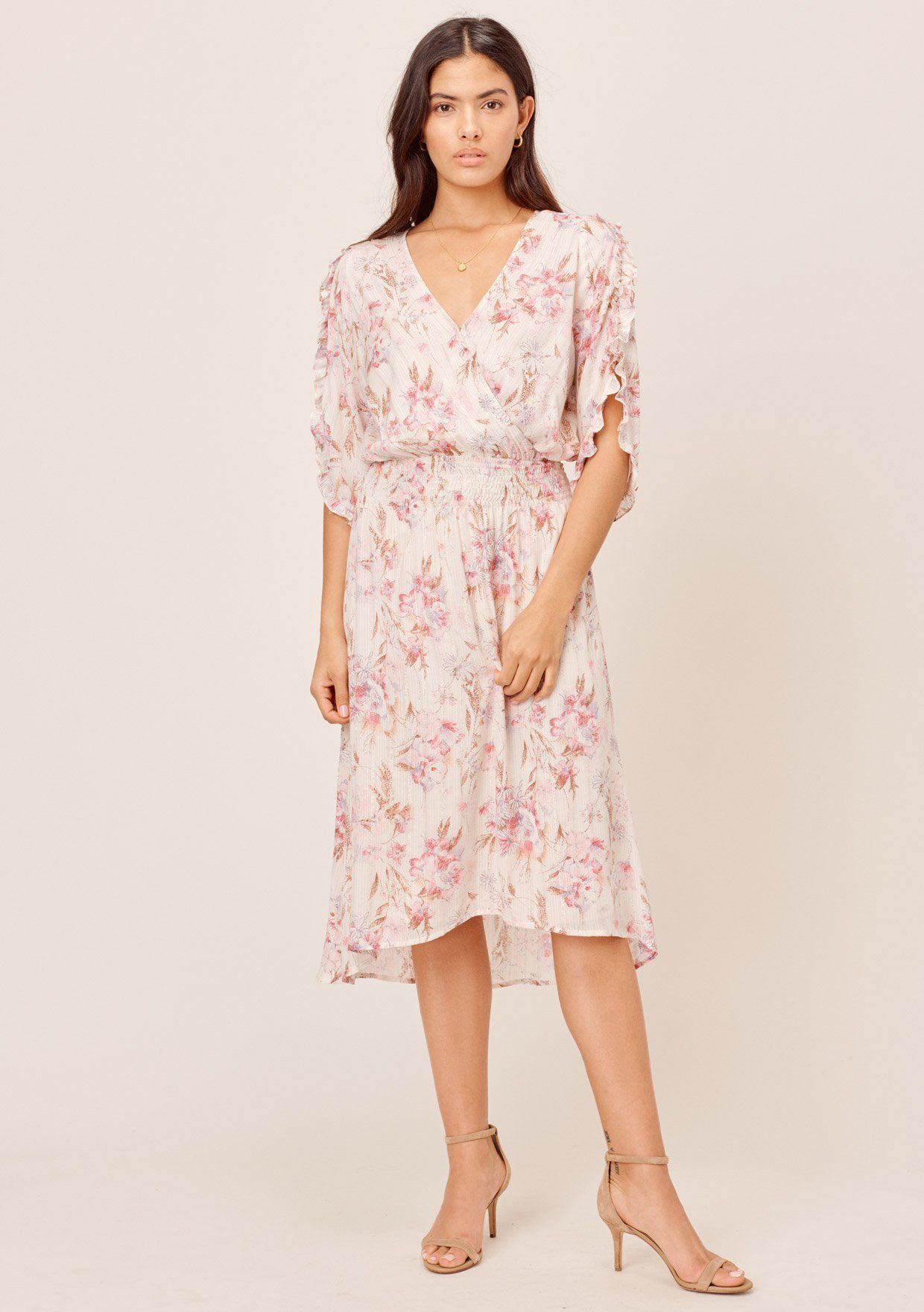 [Color: Cream/Carnation] Lovestitch cream/carnation Watercolor floral printed, tulip sleeve midi dress with ruffled details, lurex and high-low hem.