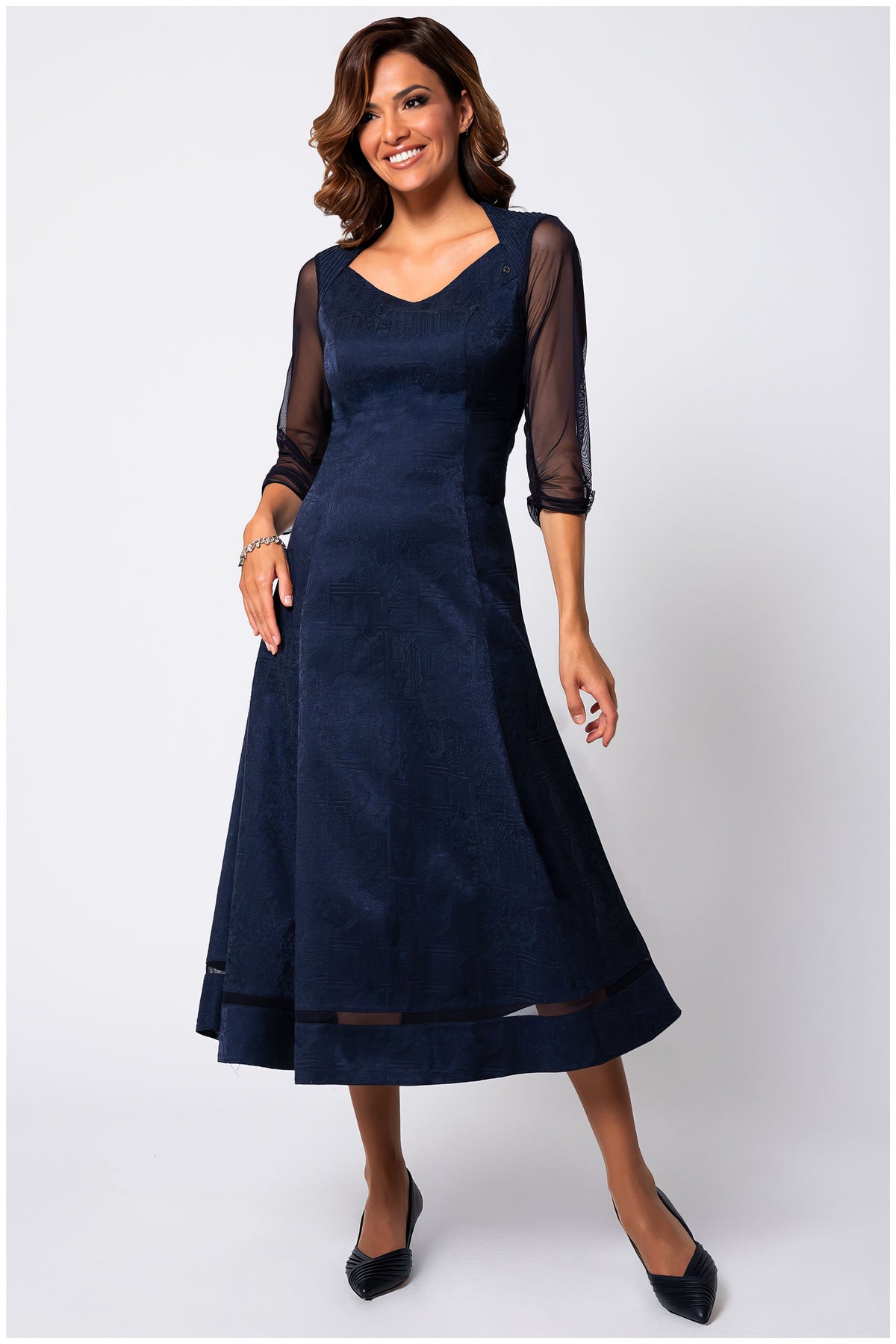 Lucy Jacquard Midi Dress in Midnight Blue. Cocktail midi dress. Woven Pattern Cotton Blend.