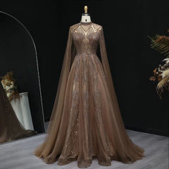 Luxury Pink Arabic Evening Dress with Cape Sleeves Gowns SS050