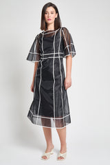 Modern Fit-N-Flare Midi Dress - Contrast Stripe Organza, Black/White | Ming Wang