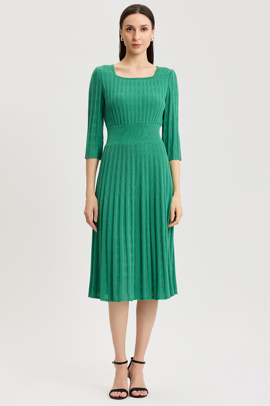 Linear Pointelle Tonal Knit Fit-N-Flare Midi Dress, Kelly Green, Kelly Green | Ming Wang