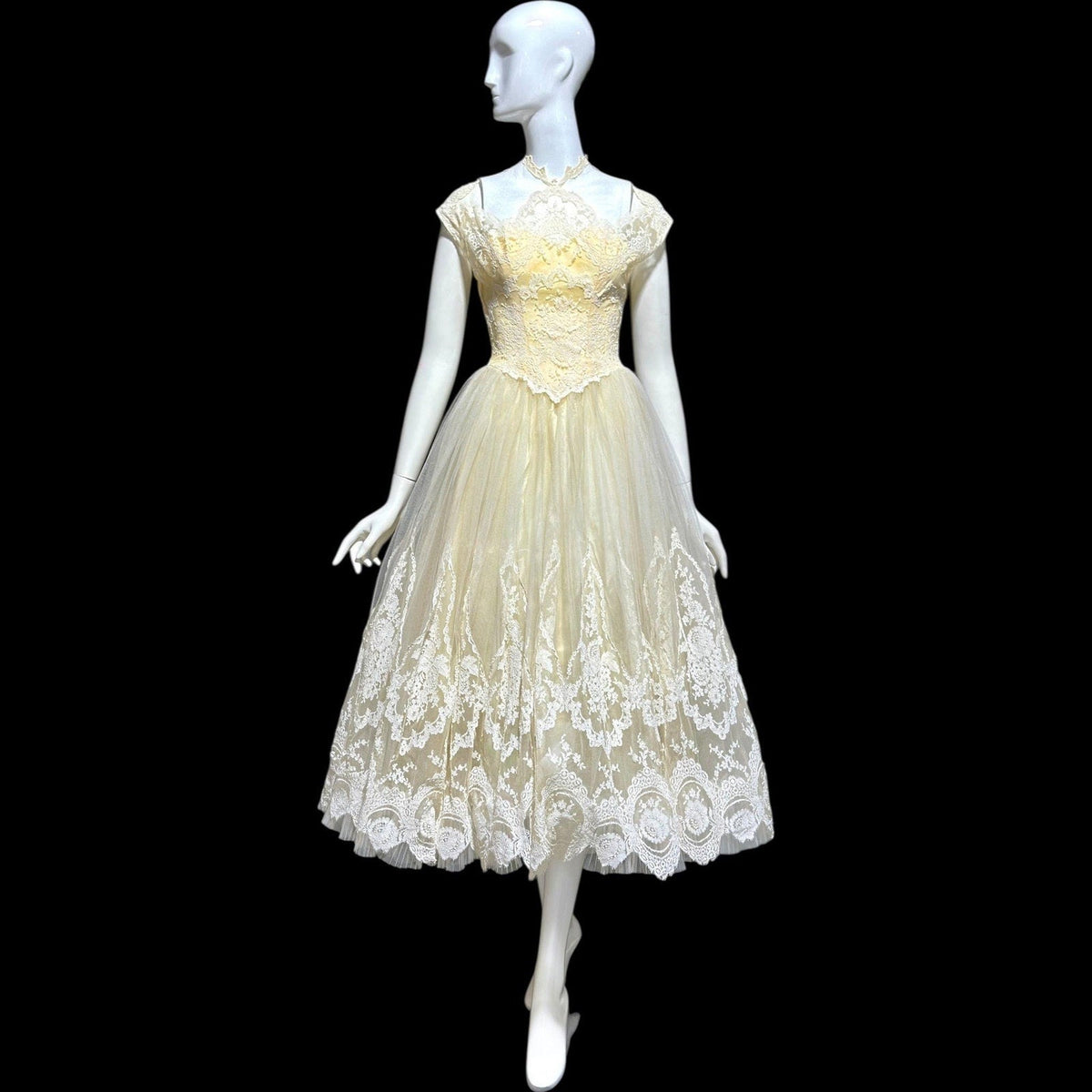 MARIE FOR PANDORA, vintage 1950s wedding dress, Lace high neck Bridal Cupcake Ball Gown