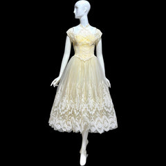 MARIE FOR PANDORA, vintage 1950s wedding dress, Lace high neck Bridal Cupcake Ball Gown