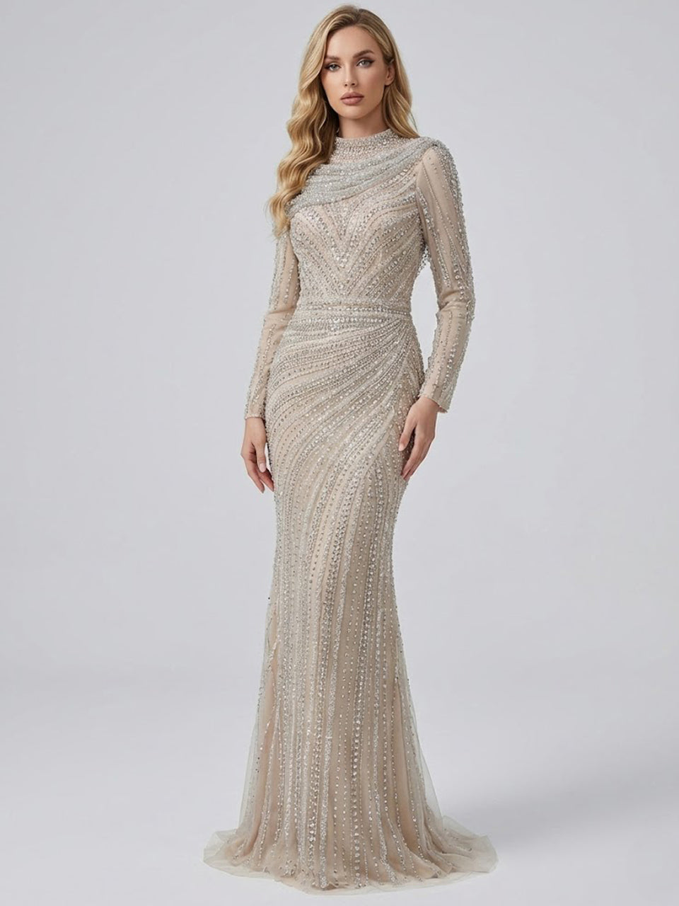 Luxury Haute Couture Beading Long Sleeve Muslim Evening Dress MB40149