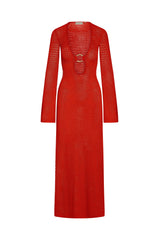 Front view of Montego Dress in chili pepper red crochet with deep V neckline, gold ring detail and long sleeves on white