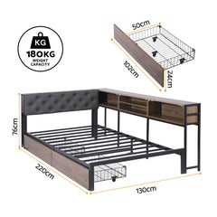 Bed Frame King Single Size with 2 Drawers and Charging Station Metal Corner Bed Base