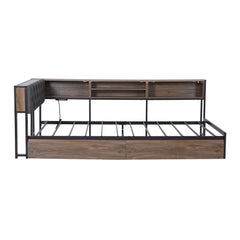 Bed Frame King Single Size with 2 Drawers and Charging Station Metal Corner Bed Base