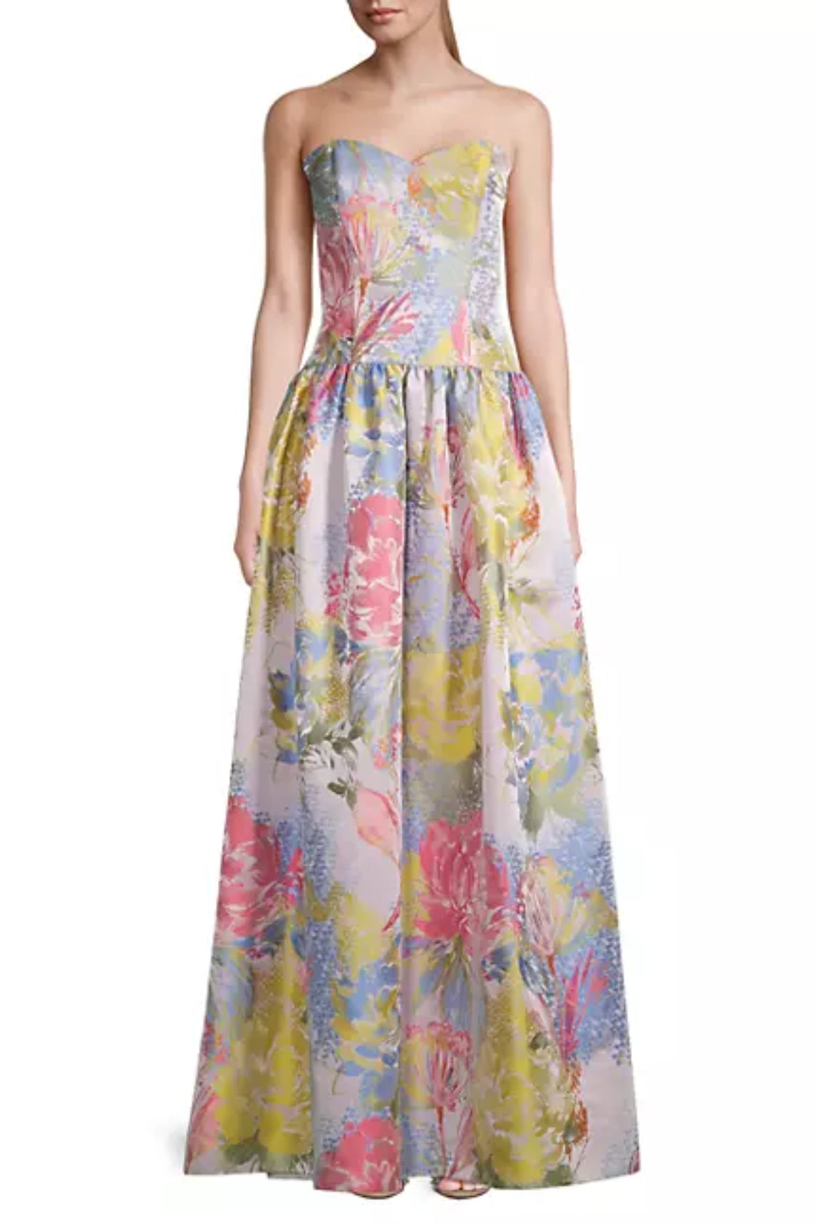 Aidan Mattox Floral Jacquard Strapless Gown - Coral Multi - Front View
