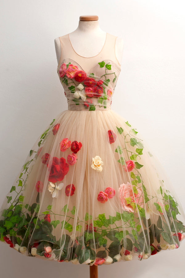 A-Line Scoop Knee-Length Champagne Homecoming Dress with Red Flowers,MH476|musebridals.com