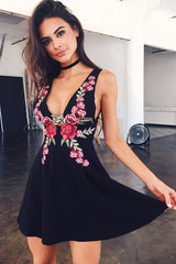 Cute A-Line V-Neck Open Back  Simple Mini Black Homecoming Dresses,MH478|musebridals.com