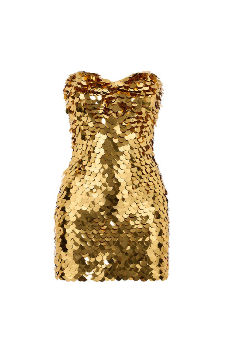 Gold hand-crochet mini dress with sequin embellishments, strapless design by Mirel Prentice.