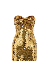 Gold hand-crochet mini dress with sequin embellishments, strapless design by Mirel Prentice.