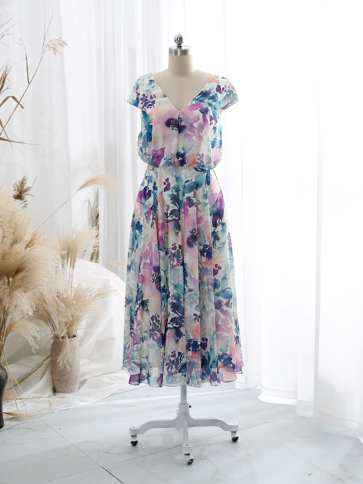 MissJophiel V Neck Cap Sleeve Tea Length Semi Formal Wedding Party Guest Bridesmaid Dresses
