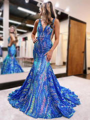 Royal Blue Trumpet/Mermaid V-Neck Sleeveless Floor-length Long Prom Dresses with Sequins & Ruffles
