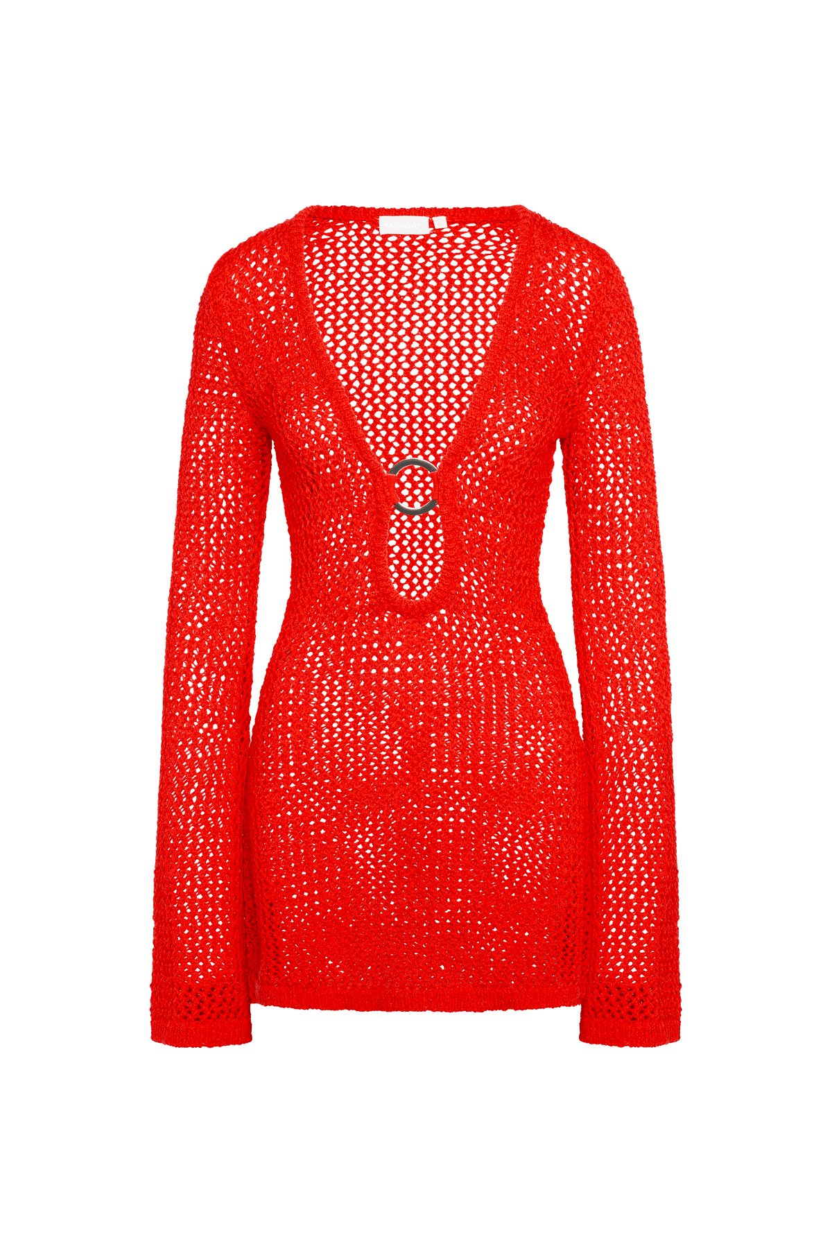 Red open-knit long-sleeve sweater dress with deep V-neck, silver ring detail at bust; brand tag reads MONDAY