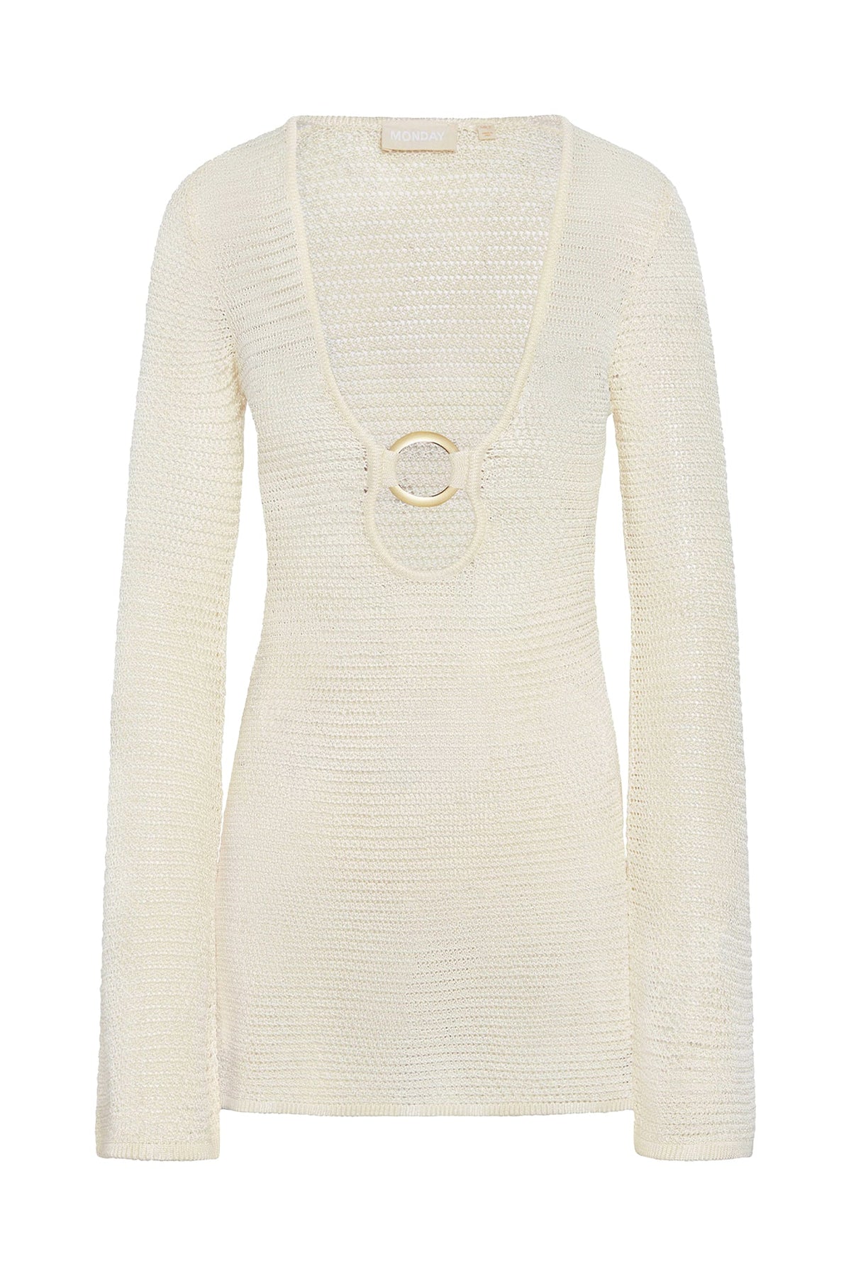 Front view of Montego Mini Dress in ivory with deep V neckline, gold ring cutout and open knit long sleeves on white background