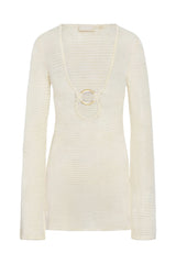 Front view of Montego Mini Dress in ivory with deep V neckline, gold ring cutout and open knit long sleeves on white background