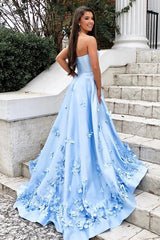 Satin Sweetheart Sky Blue A-line Long Prom Dresses with 3D Floral Applique,MP472|musebridals.com