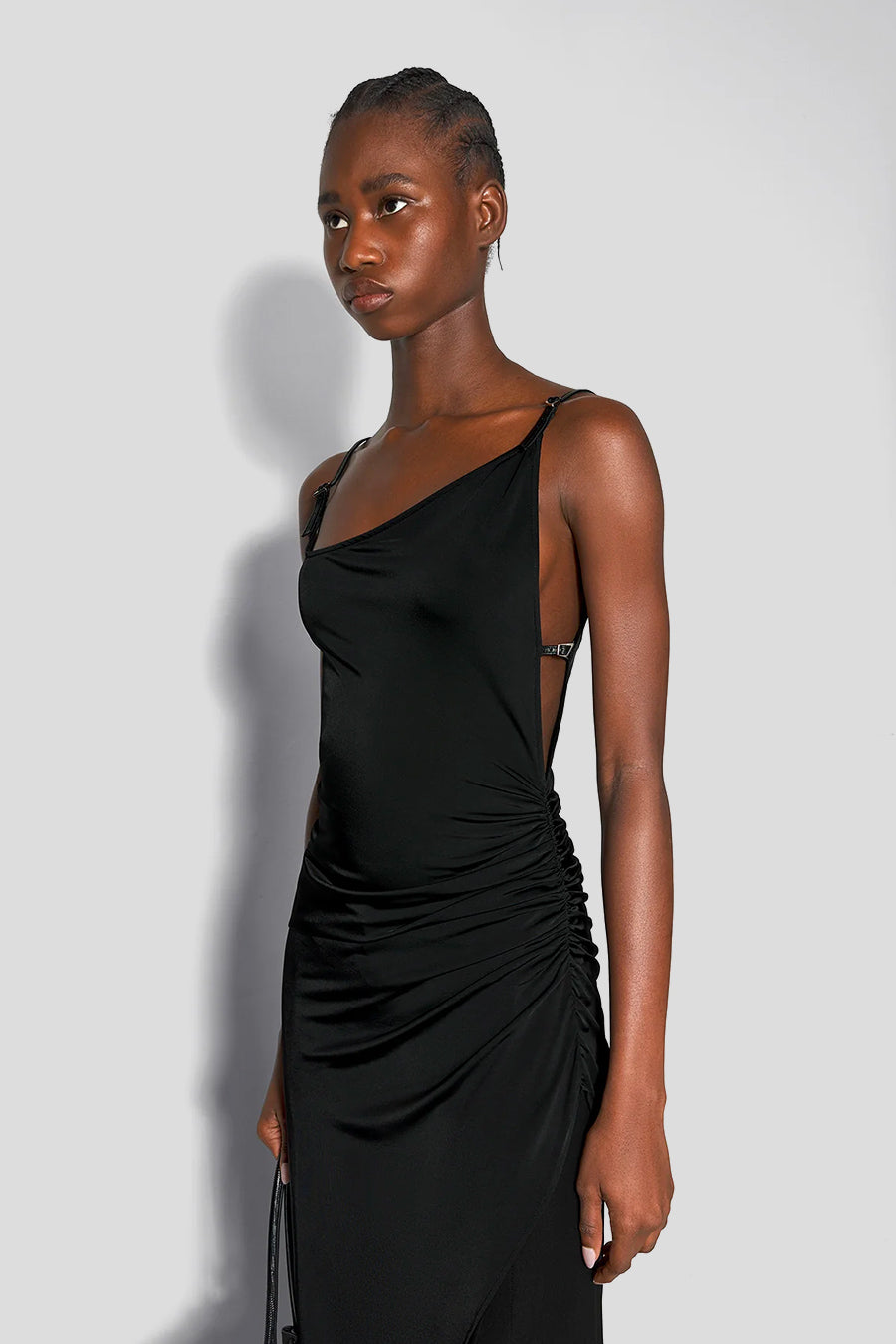 BLACK ASYMETRICAL BUCKLED STRAP DRESS