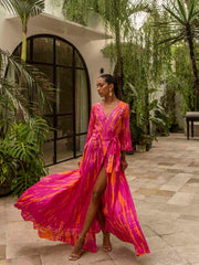 Magenta Tangerine Tiedye color Silk Long Anna_Kosturova_Sleeve Wrap Dress - Magenta Tangerine