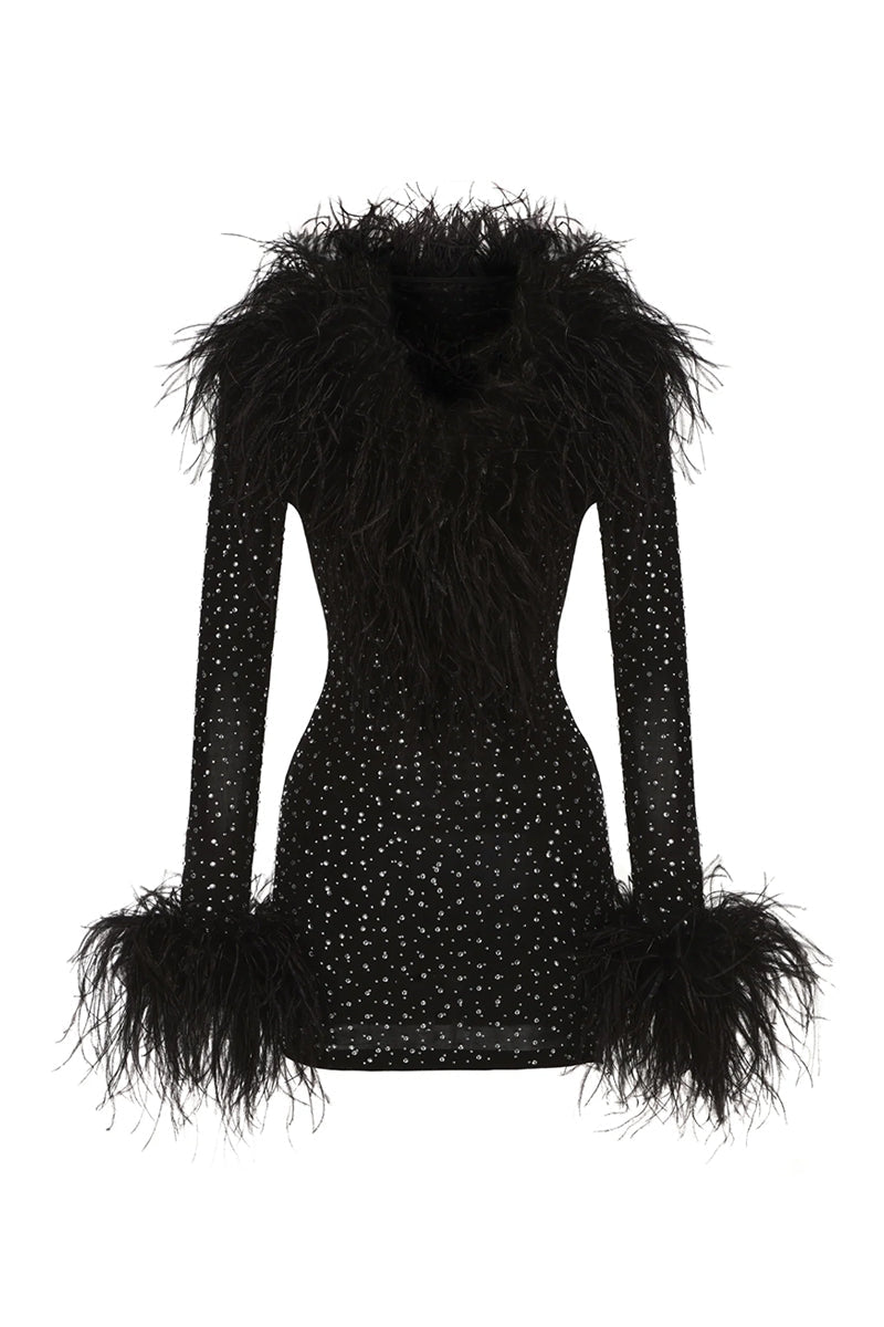 Black Nana Jacqueline Margot Feather Mini Dress displayed on a hanger, showcasing its elegant feather detailing and stylish silhouette.