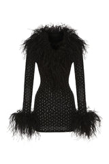 Black Nana Jacqueline Margot Feather Mini Dress displayed on a hanger, showcasing its elegant feather detailing and stylish silhouette.