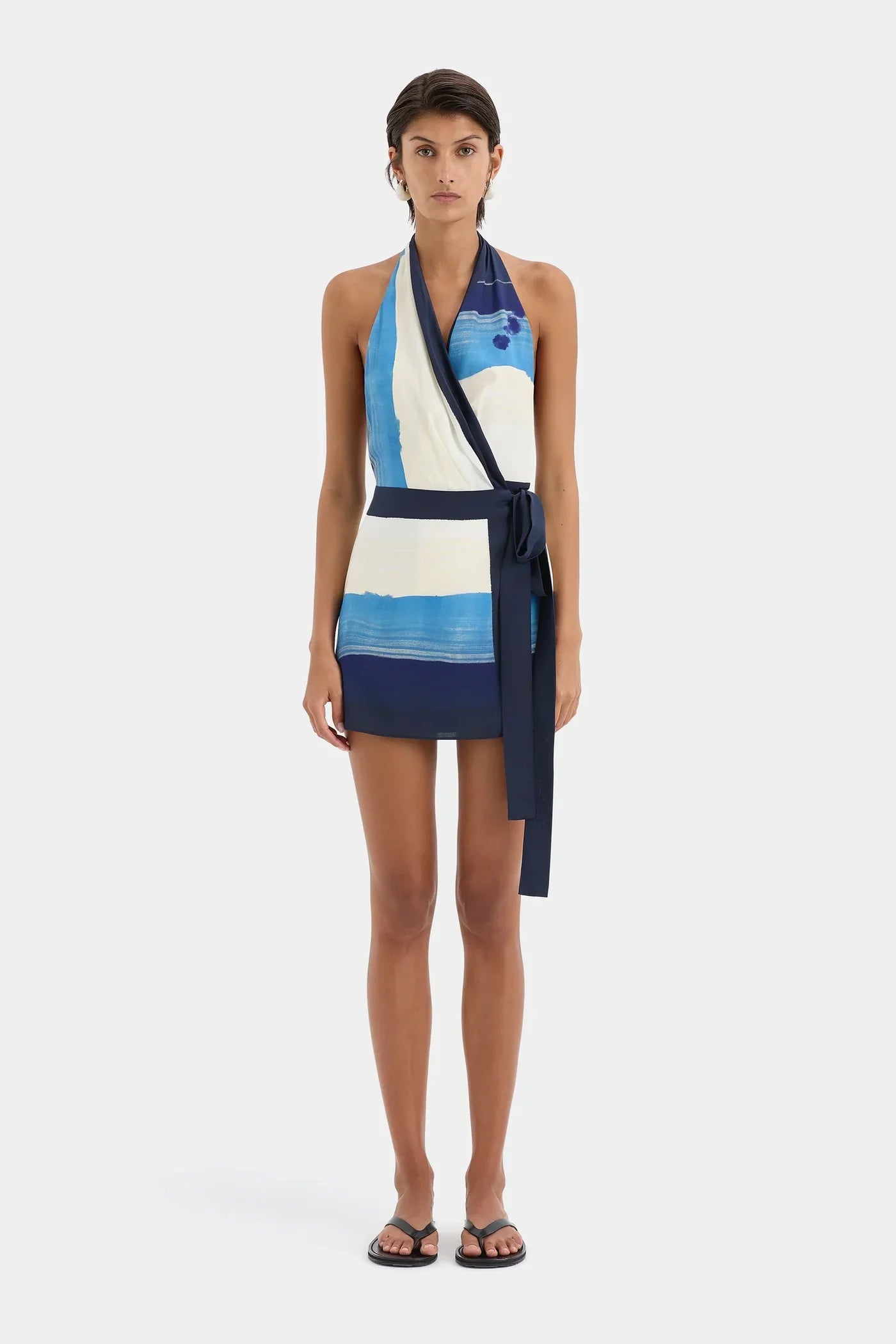 SIR Dazed Wrap Halter Mini Dress | Blue Stripe Studio Print