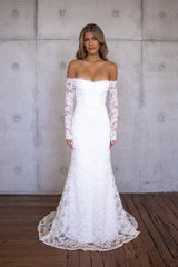 Ivory White Off The Shoulder Long Sleeve Lace Wedding Gown with Sweetheart Neckline, Corset Bodice and Fit and Flare Mermaid Silhouette