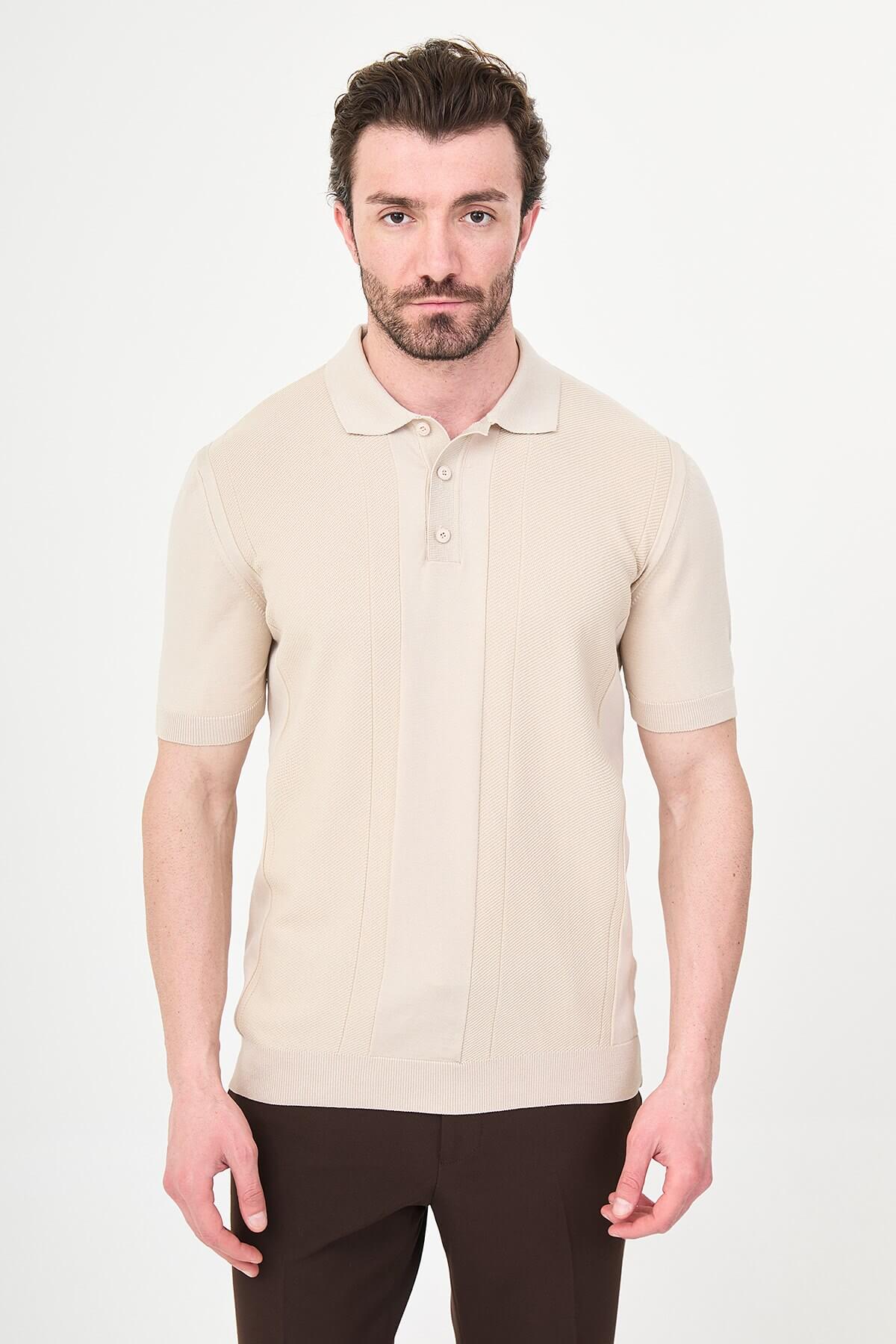 Beige textured knit polo with vertical panels and polo collar front view