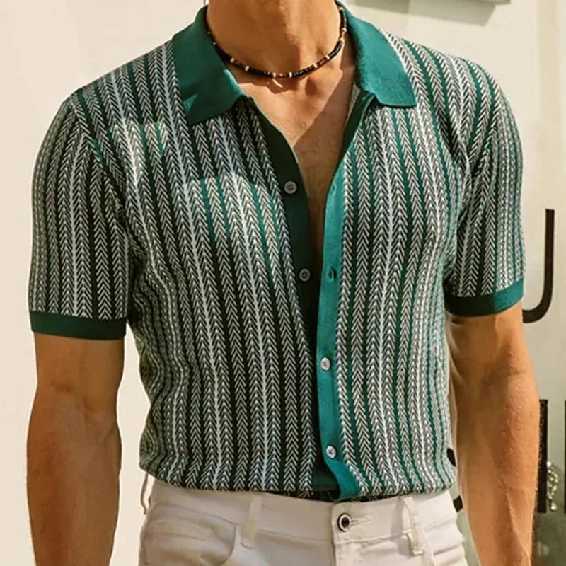 Men's Vintage Knit Polo Shirt – Stylish Stripe Design for Summer Outings 0
