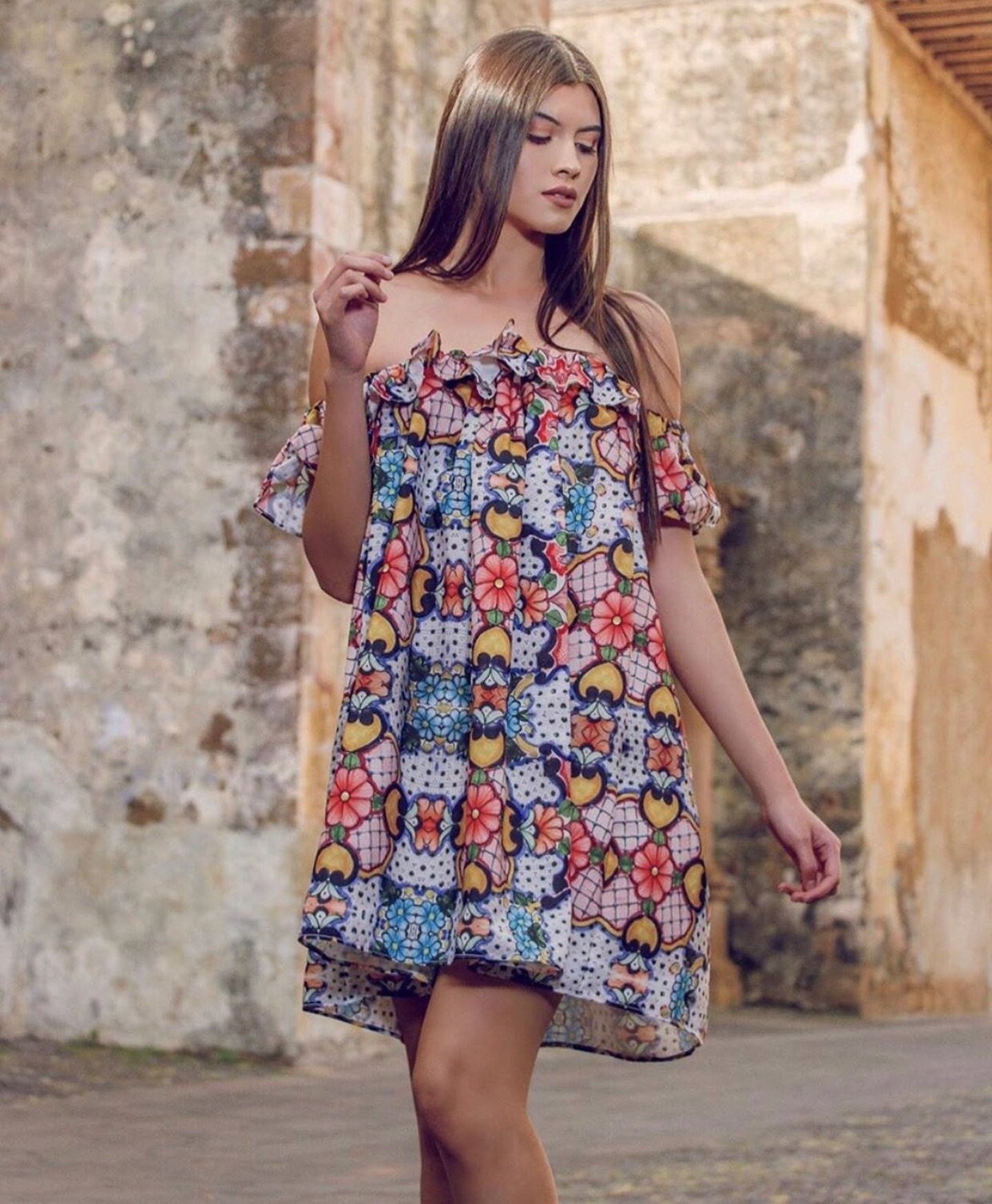 Mexican Fashion Designer Talavera Off-the-Shoulder Dress Colores Decor
