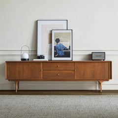 a mid century tv stand image, with two doors and drawers