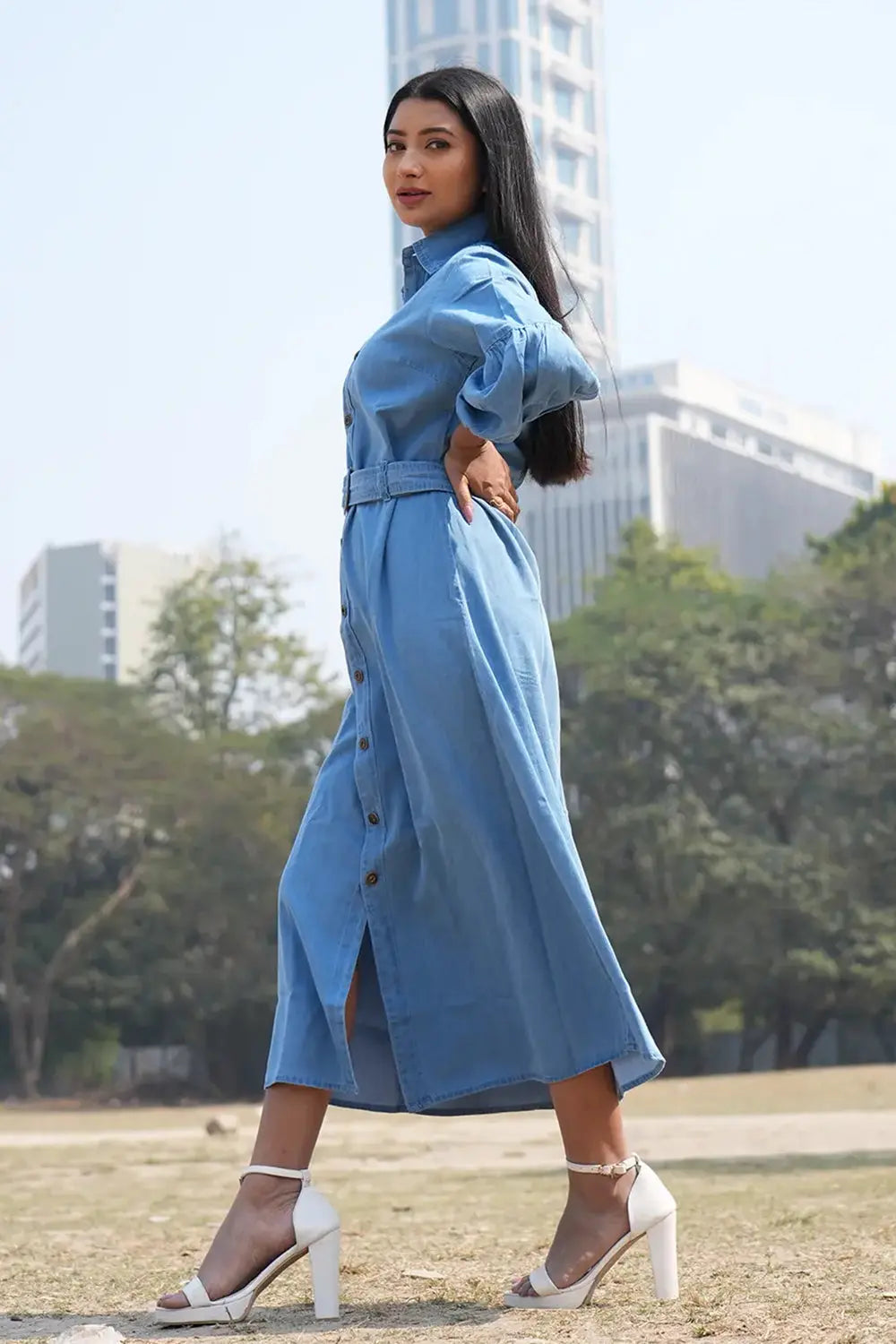 Midi Denim Shirt Dress with Long Sleeve, Denim Dress, Shirt Dress, Midi Dress, Long Sleeve Dress, Rebeldrapes Dress