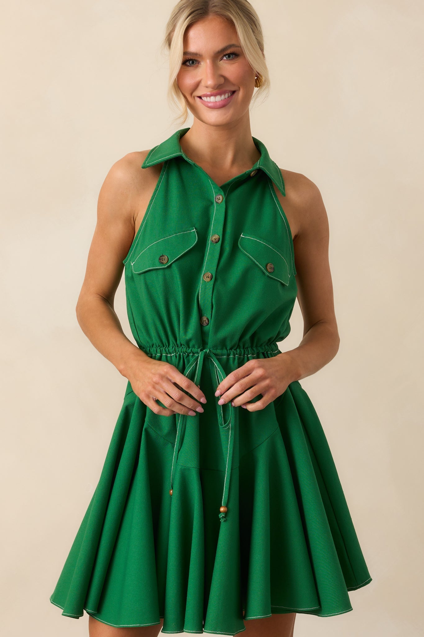 Midsection view focusing on the drawstring waist and the way the fabric gathers slightly to create shape.