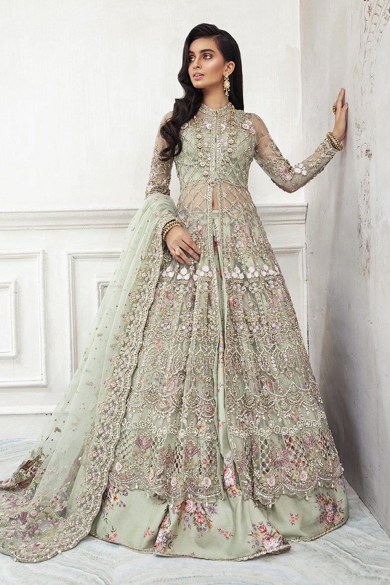 Mint Green Pakistani Dress in Gown Lehenga Style