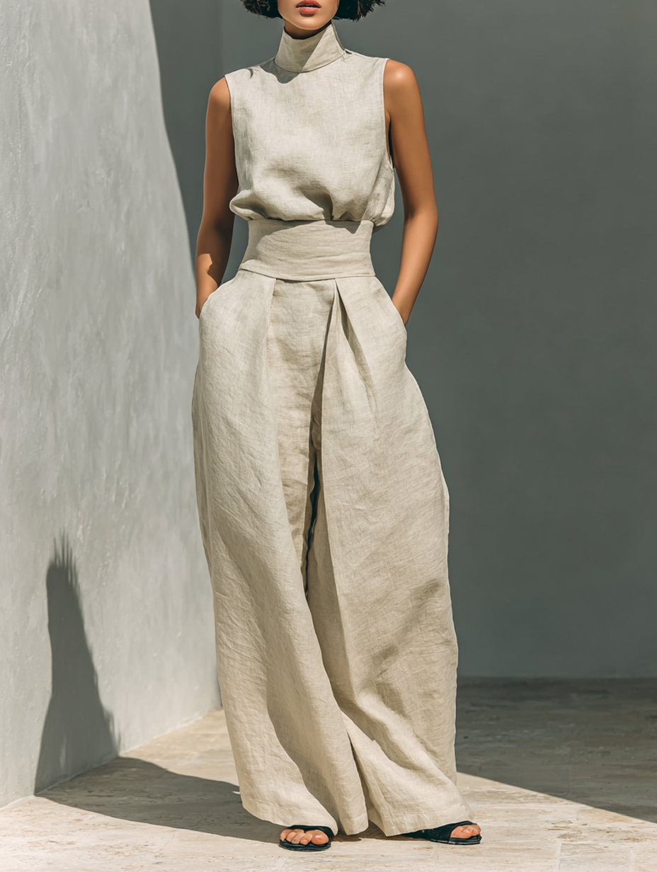 Mira Blouse and Pants Set | Cotton-Linen Blend, Sleeveless, Wide-Leg 0