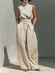 Mira Blouse and Pants Set | Cotton-Linen Blend, Sleeveless, Wide-Leg 0
