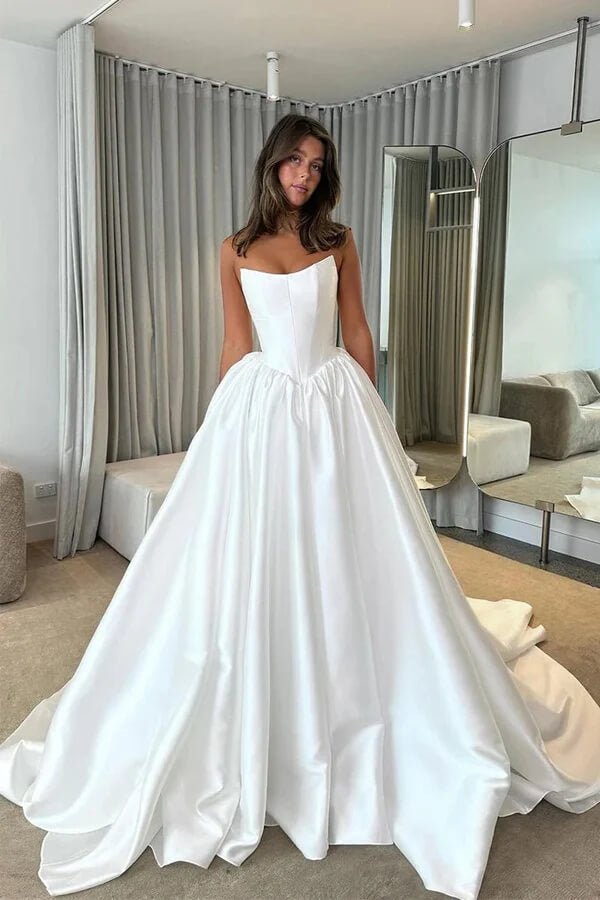 Modest Satin A-line Strapless Princess Wedding Dresses With Court Train, MW1081 | simple wedding dress | strapless wedding dress | cheap wedding dress | musebridals.com