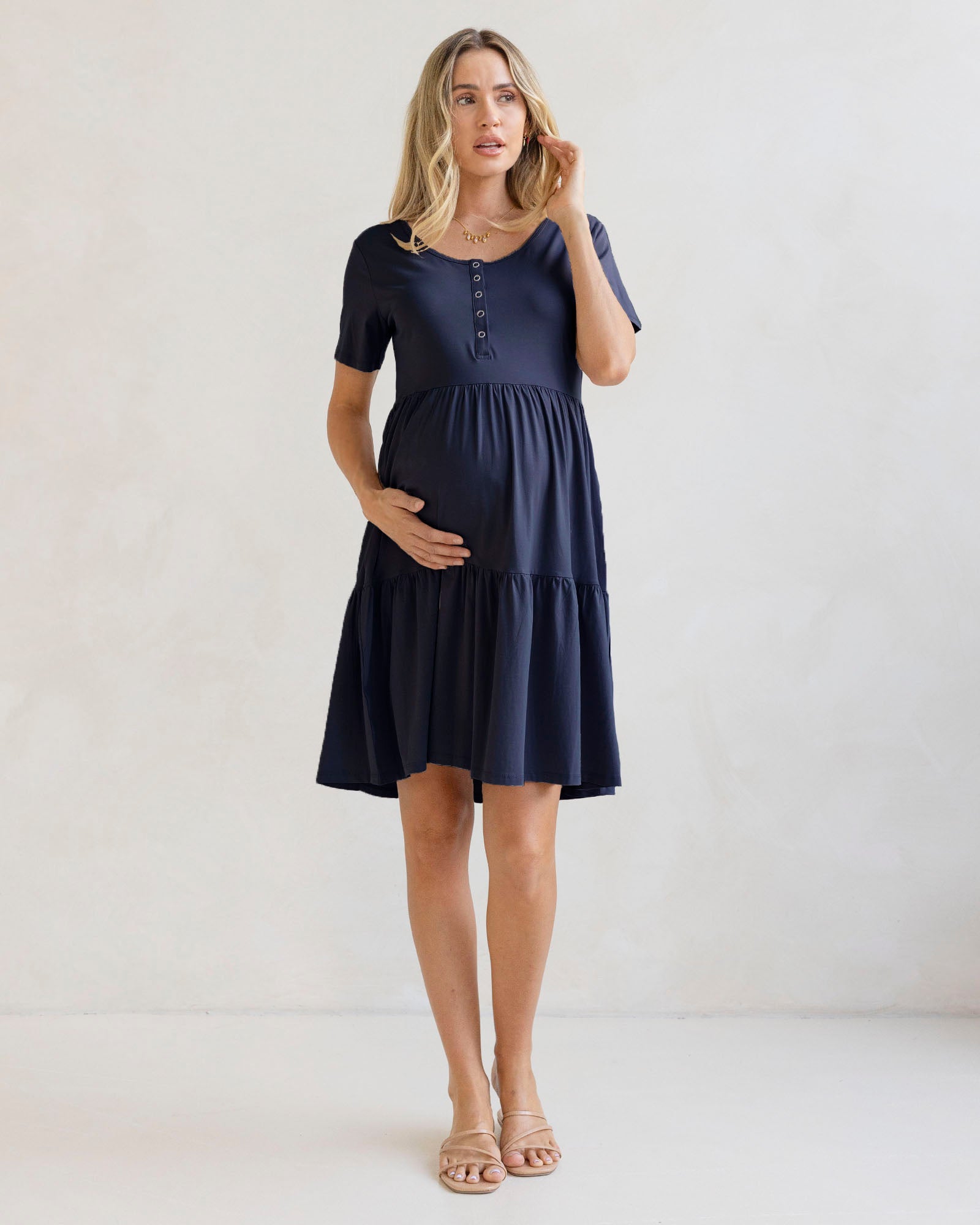 Navy Short Sleeve Maternity Tiered Dress