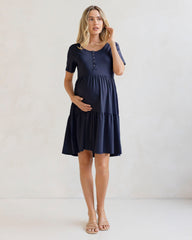 Navy Short Sleeve Maternity Tiered Dress