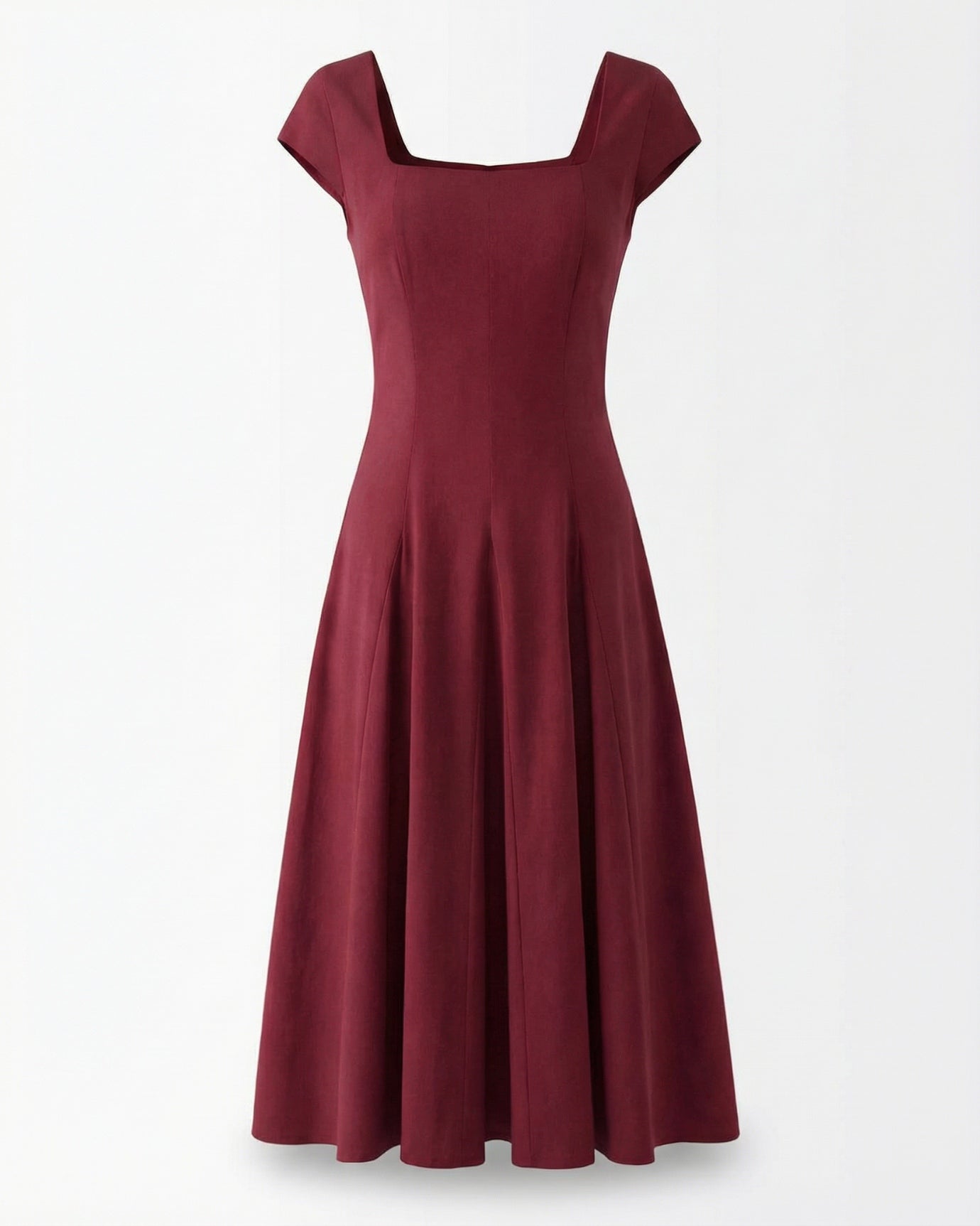 Square neck mid-length dress for women, waist tie detail, elegant classic feminine style