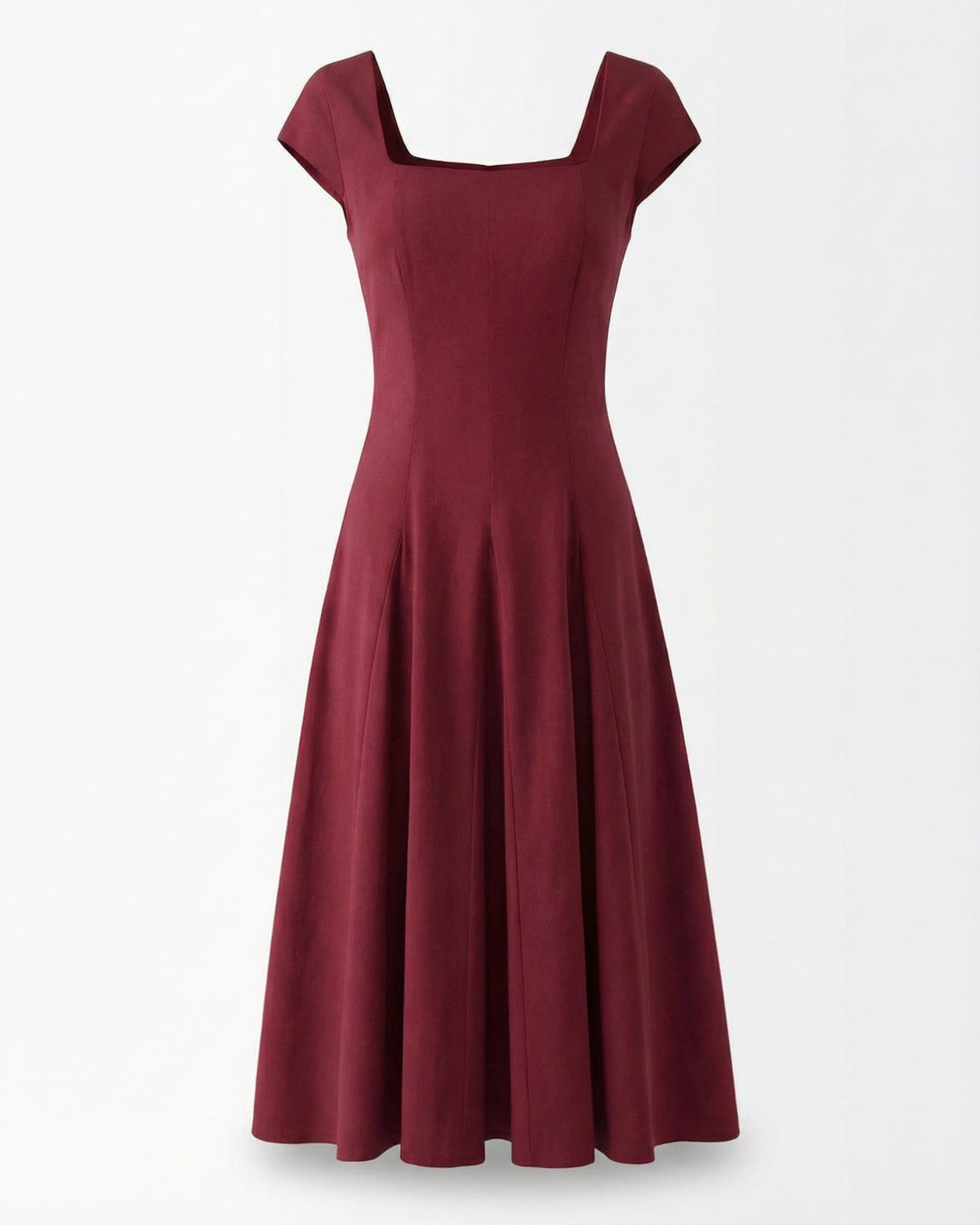 Square neck mid-length dress for women, waist tie detail, elegant classic feminine style