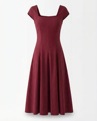 Square neck mid-length dress for women, waist tie detail, elegant classic feminine style