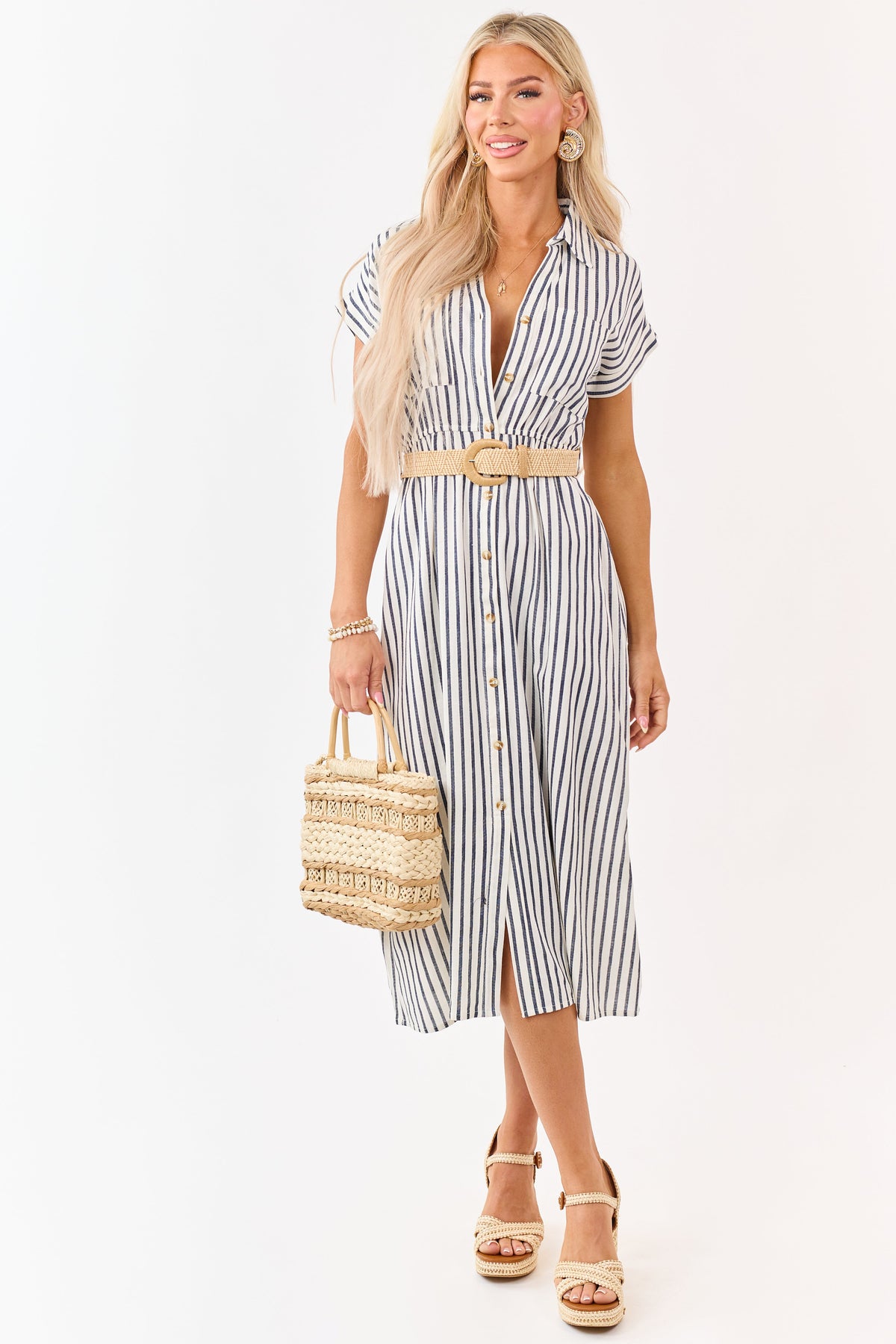 Navy Striped Button Down Midi Dress with Belt