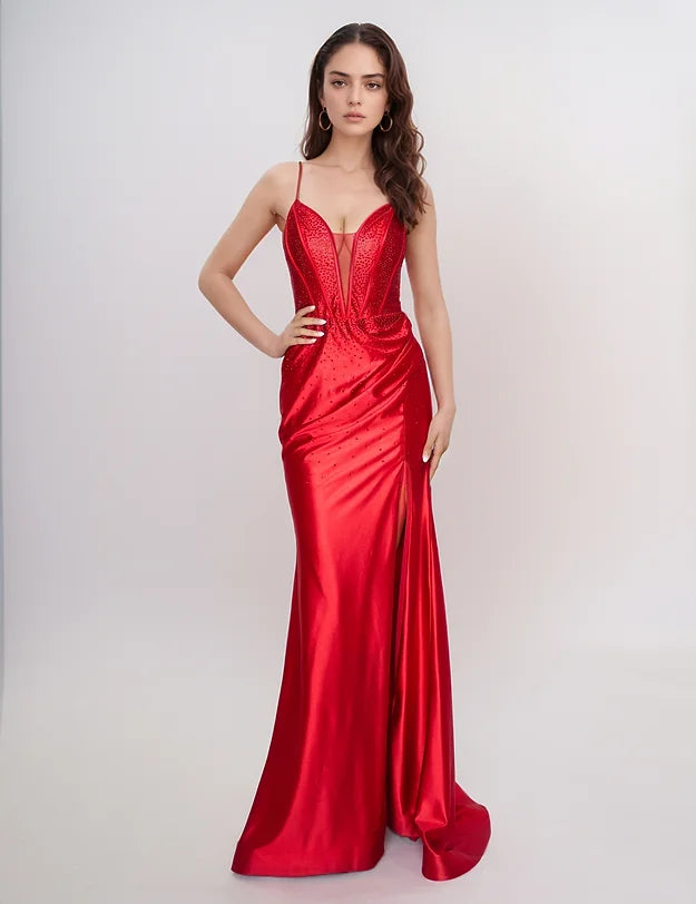 Nina Canacci 6687 Red Long Fitted Crystal Corset Prom Dress Formal Evening Gown Slit V Neck